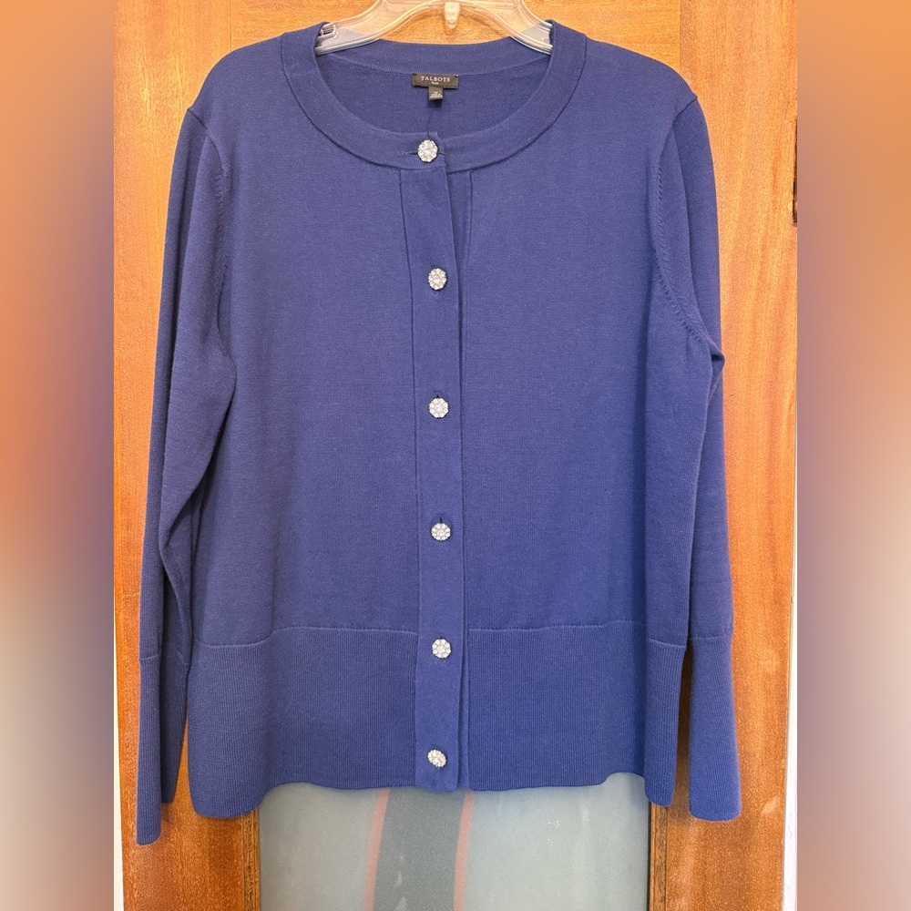 Talbots Women’s Plus Occasion Cardigan Royal Blue Jeweled Button 1X NWOT